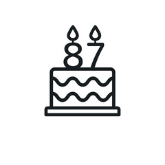 Birthday cake line icon with candle number 87 (eighty-seven). Vector.