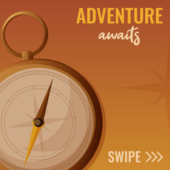 Compass and text adventure awaits, swipe. Vector illustration on square background in cartoon nautical style. Orientation device. For travel, cruise, pirates