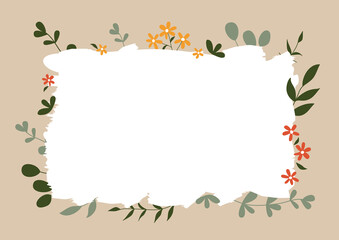 Frame in the shape of an abstract brush stroke in white, decorated with flowers and branches. Botanical vector illustration, template for greeting card or invitation. Hand drawing