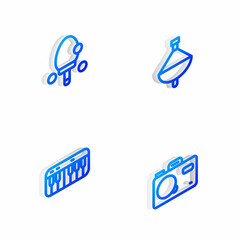 Set Isometric line Whirligig toy, Racket, Music synthesizer and Photo camera icon. Vector