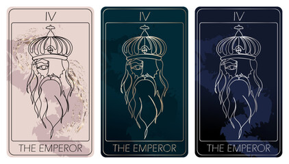 The Emperor. A card of Major arcana one line drawing tarot cards. Tarot deck. Vector linear hand drawn illustration with occult, mystical and esoteric symbols. 3 colors. Proposional to 2,75x4,75 in.