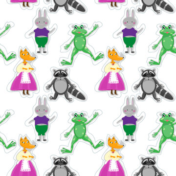 seamless pattern with animals: fox, raccoon, frog, rabbit. vector graphics. Vector graphics	