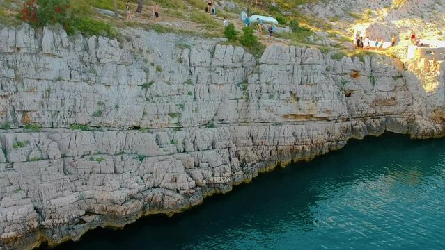Rocky Wall Of Cliffs In The Adriatic Coast In Klancac Beach In Brsec, Croatia. - aerial