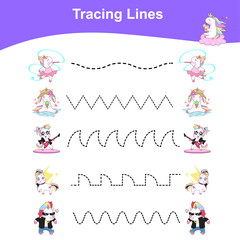 Tracing Lines Unicorn Edition. Educational worksheet. Worksheet activity for preschool kids. Vector illustration.