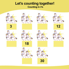 Counting in 3s. Unicorn theme. Educational printable math worksheet. Vector illustration.