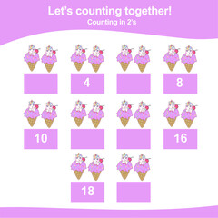 Counting in 2s. Unicorn theme. Educational printable math worksheet. Vector illustration.