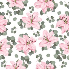 Seamless vector pattern. Pink lilies and eucalyptus