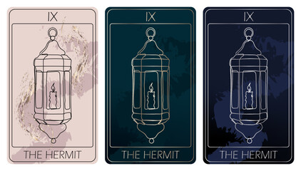 The Hermit. A card of Major arcana one line drawing tarot cards. Tarot deck. Vector linear hand drawn illustration with occult, mystical and esoteric symbols. 3 colors. Proposional to 2,75x4,75 in.