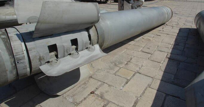 Spent projectiles for MLRS, multiple launch rocket systems - "Uragan", "Grad"  Exibition in Kyiv on Sophia Square  of destroyed Russian vehicles, War in Ukraine