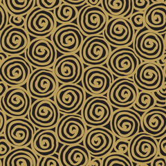 Naklejka premium Abstract seamless pattern with spiral doodles. Monochrome texture with hand-drawn squiggles in the form of swirls. Repeating vector background, graphic print for wallpaper, wrapping paper or fabric