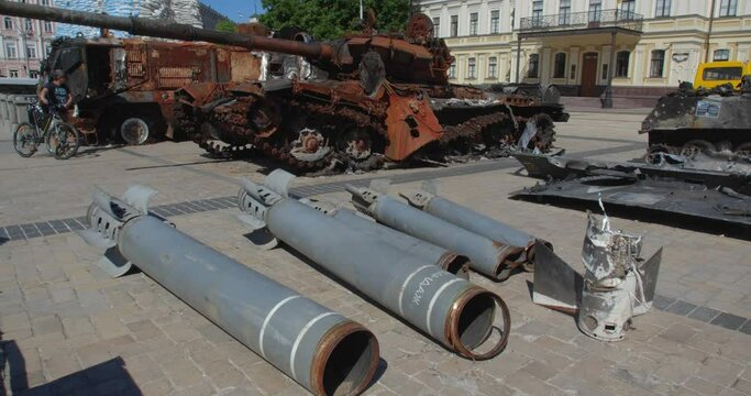 Spent projectiles for MLRS, multiple launch rocket systems - "Uragan", "Grad"  Exibition in Kyiv on Sophia Square  of destroyed Russian vehicles, War in Ukraine