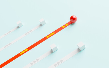 Red ball rolls in front of the white box which is a symbol of leadership intelligence in thinking and business winner strategy concept by 3d render illustration.