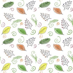 Seamless pattern of leaves and twigs drawn by hand. a white outline on a dark background. endless pattern. for printing on fabric, textiles, packaging paper, and web resources