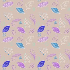 Seamless pattern of leaves and twigs drawn by hand. a white outline on a dark background. endless pattern. for printing on fabric, textiles, packaging paper, and web resources