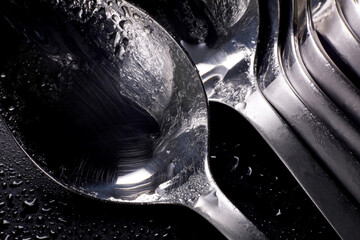 metal spoon with water drops on dark background  - Powered by Adobe