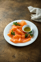 Homemade gravlax salmon with mustard sauce