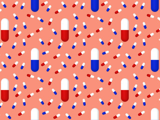 Drawing of images of medical capsules on red background. Template for application to surface. medicine. pattern. Horizontal image. 3D rendering. 3D image