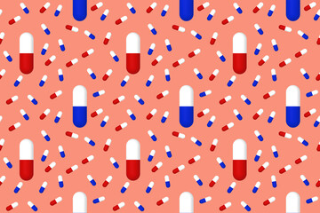 Drawing of images of medical capsules on red background. Template for application to surface. medicine. pattern. Horizontal image. 3D rendering. 3D image