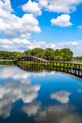 Fototapeta na wymiar Nong Yai Pond and Wooden Bridge in Chumphon, Thailand
