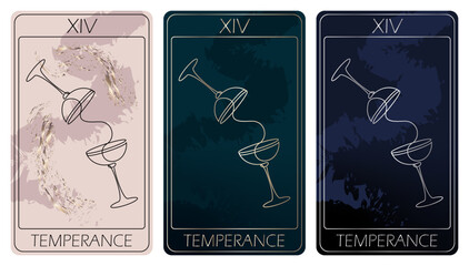 Temperance. A card of Major arcana one line drawing tarot cards. Tarot deck. Vector linear hand drawn illustration with occult, mystical and esoteric symbols. 3 colors. Proposional to 2,75x4,75 in.