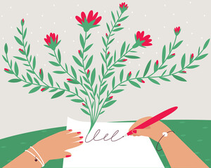 A creative person writes a new work on paper. The concept of creating text on paper. The writer writes at the table, imagining and creating. Process of creation. flat vector illustration