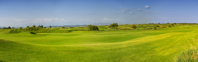 Summer background. Green grass field and blue sky, panoramic banner image