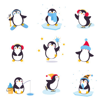 Cute Penguin with Red Cheeks Wearing Hat Skiing and Ice Skating Vector Illustration Set