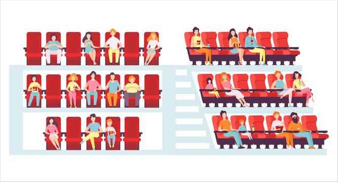 People Character In Cinema Theatre Sitting in Red Chairs with Popcorn Watching Movie Vector Set