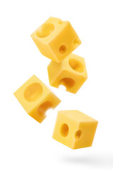 Flying delicious cheese cubes, isolated on white background