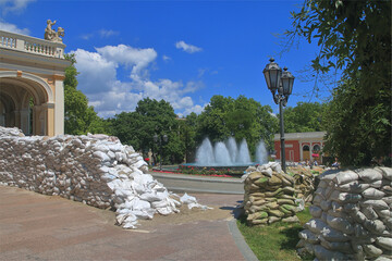 Sandbag barricades for the defense of the Odessa Opera and Ballet Theatre.