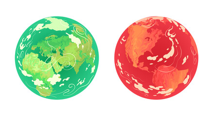 Planet Earth is red and green. Ecology, warming, climate change. © undrey