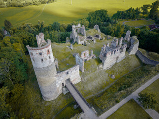 Aerial shot of caste ruin in Czech Republic