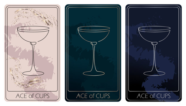 Ace of Cups. A card of Minor arcana one line drawing tarot cards. Tarot deck. Vector linear hand drawn illustration with occult, mystical and esoteric symbols. 3 colors. Proposional to 2,75x4,75 in.