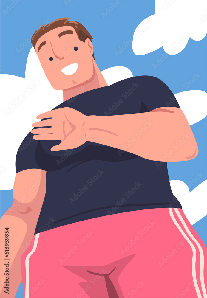 Aufkleber man character standing looking from above friendly smiling and waving hand vector illustration