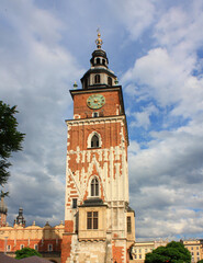 Fototapeta na wymiar Tower on the on the Main Square of Krakow