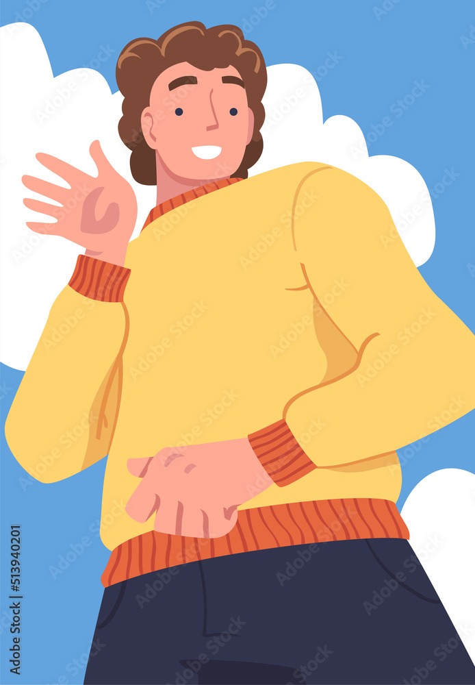 Aufkleber man character standing looking from above friendly smiling and waving hand vector illustration