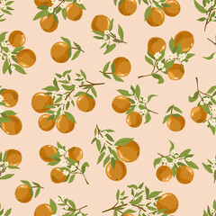 Fruit Garden seamless pattern, hand drawn vector branch with fruits, flowers and leaves digital paper, repeating background for fabric, textile, wallpaper, stationery