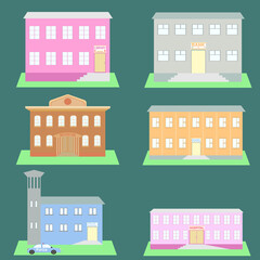 set of buildings (school, library, police station, hospital, museum buildings)
