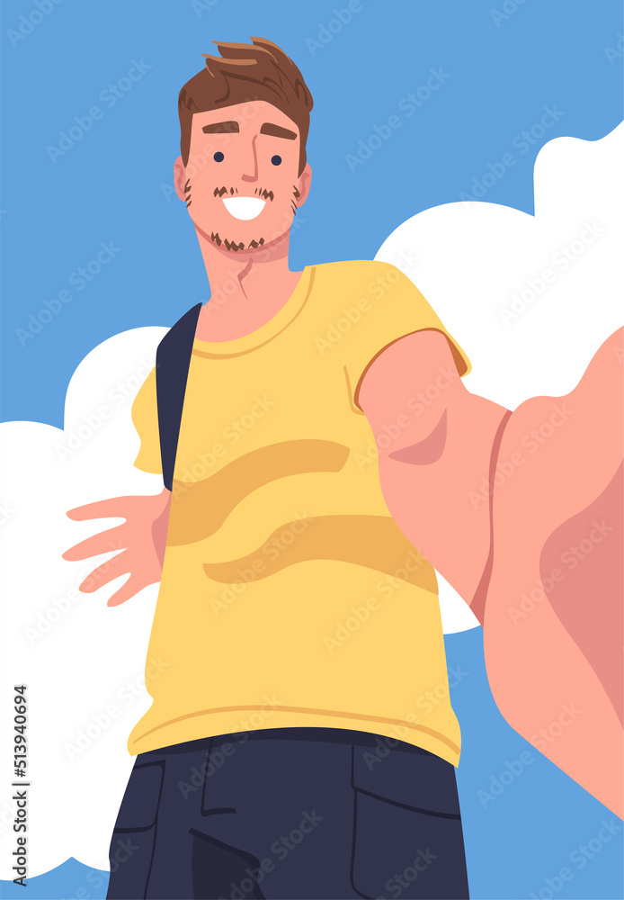 Poster man character standing looking from above friendly smiling vector illustration
