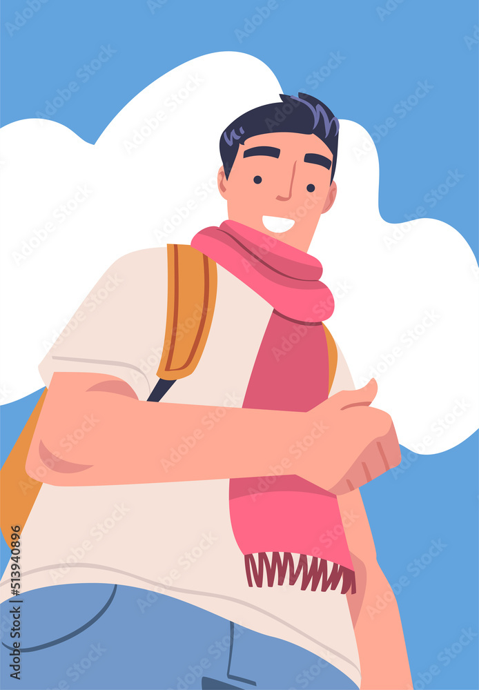 Poster man character standing looking from above friendly smiling and showing thumb up gesture vector illus