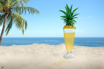 Pineapple juice in the glass on the beach