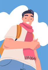 Man Character Standing Looking from Above Friendly Smiling and Showing Thumb Up Gesture Vector Illustration