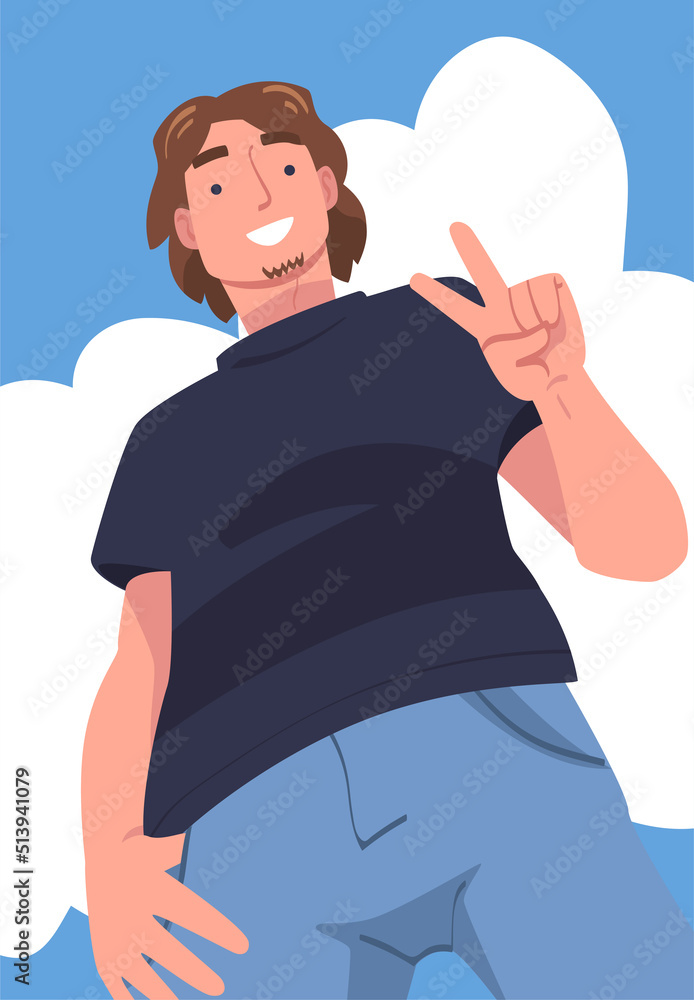 Aufkleber man character standing looking from above friendly smiling and showing v sign gesture vector illustr