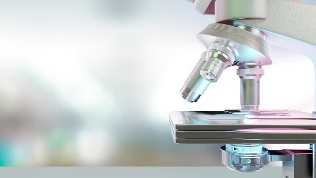 Automated microscope in scientific laboratory close-up shot. Scientific investigation is underway. Animation can be used in education, science or medicine industry. 3D Render.