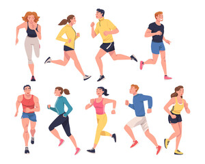 People Character Running in Sportswear and Trainers Engaged in Sport Training and Workout Vector Set