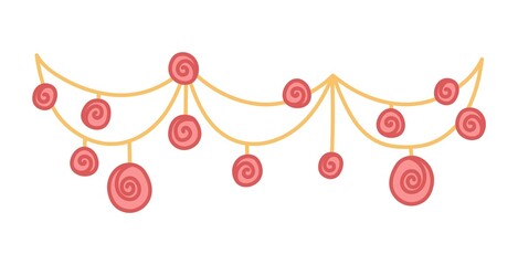 Decorative ornament with red roses and yellow ribbons. Cartoon style. Vector isolated on white background.