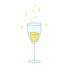 Glass of champagne in cartoon style. Hand drawn illustration. Vector isolated on white background.