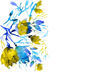 Ukraine yellow blue Watercolor spring flowers tree