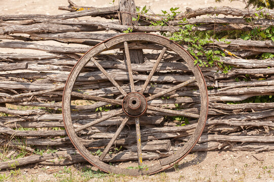 Old wagon wheel on the wooden fence