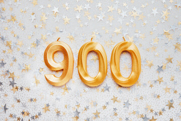 900 nine hundred followers card golden birthday candle on Festive Background. Template for social networks, blogs. Social media celebration banner. 900 online community fans. nine hundred subscriber